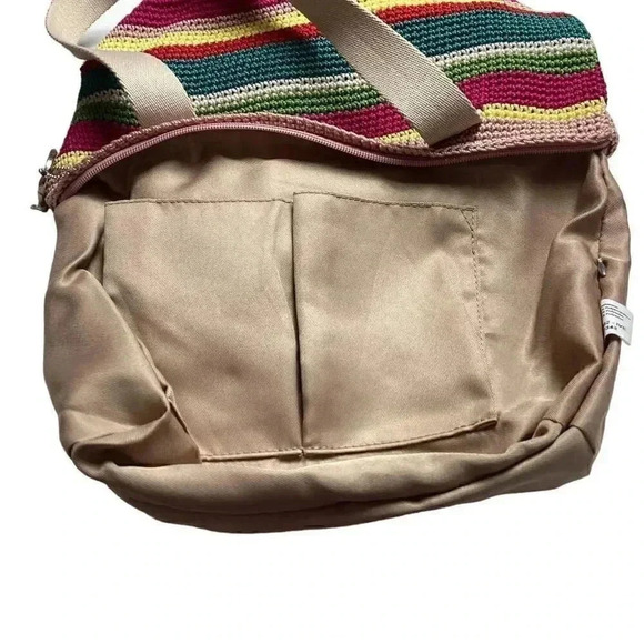 The Sak Mendocino Stripe Crochet Small Double Strap Zip Top Tote Vegan NEW Multi - Picture 9 of 11